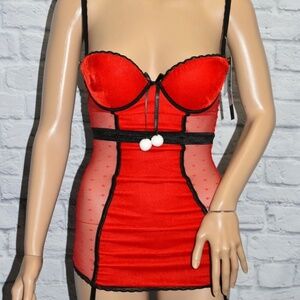 CARRIE AMBER XL RED SWISS DOT POM POM CHRISTMAS HOLIDAY LINGERIE CORSET TEDDY